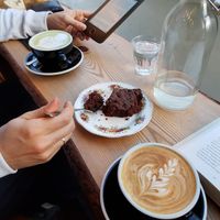 Matcha latte, oat latte and brownie. at The Wildcat in Fort William