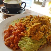 Generous portion of scramble tofu, avoca-no and home made beans at The Wildcat in Fort William