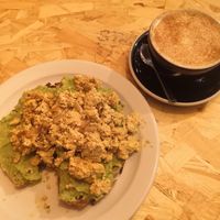 Tofu scramble and avoca-no on sourdough and a chai latte at The Wildcat in Fort William