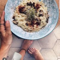 Rice Noodles with creamy sauce at by Cafe in Tegallalang