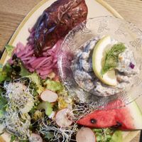 Baked sweet potatoe with salad and a traditional swedish caviar sauce made vegan! Soo good. at Gott&Reco in Falun