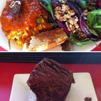 Lasagna, salad, garlic bread,and a brownie at Red Cup Coffee House in Oklahoma City