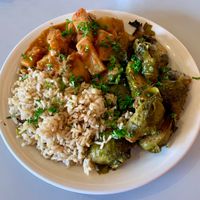 Today’s special: potato and tofu tiki masala with Brussels and brown rice at Red Cup Coffee House in Oklahoma City