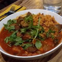 Jambalaya with plant-based Andouille sausage (from The Herbivorous Butcher) at Fig + Farro in Minneapolis
