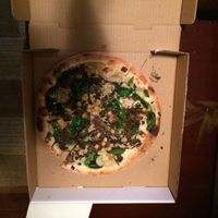 This was a create your own small pizza: olive oil base, chickpeas, mushrooms, and spinach.  The cheese was the cashew based vegan mozzarella.    at Olio in St Johns