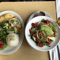 Vegan platter and avocado salad at Puerto Viejo in Brooklyn