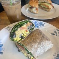 Tofu scramble wrap(a little plain) and delicious VBLT with iced decaf pistachio latte   at Terra Cafe in Monroe