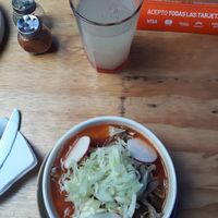 Pozole mixto y agua fresca de limón con chía at Vege Taco in Mexico City
