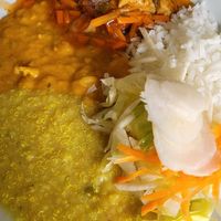 Combo sweet potato, beans, quinoa with rice and pickled salad at Salud Integral in Tarma