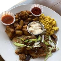 Perogies and tofu scramble  at Humble Roots Cafe in Maple Ridge