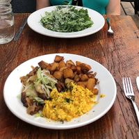 Vegan perogies and "eggs" platter and vegetarian kale Caesar salad at Humble Roots Cafe in Maple Ridge