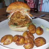 Magic Mushroom burger w/deep fried potatoes at Shady Lane in Mirissa