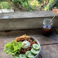 nacho bowl + iced americano  at Shady Lane in Mirissa