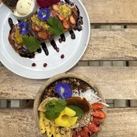 Vegan pancakes (chocolate sauce and vanilla ice cream not vegan)   at Shady Lane in Mirissa