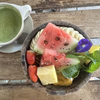 Mango Smoothie bowl & matcha with soy milk   at Shady Lane in Mirissa