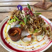 Toast, mushrooms, acocado, roasted tomatoes at Shady Lane in Mirissa