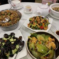 Another banging family dinner - hot and sour soup; cold starter fungus and cucumber; cashew nut monkeyhead mushroom Sichuan dish; fried rice dish; bitter gourd with tofu😄  at Three Virtues 三德食品 - North Point in Hong Kong Island