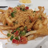 deep fried vegetarian squid and cuttlefish shreds with spicy salt at Three Virtues 三德食品 - North Point in Hong Kong Island