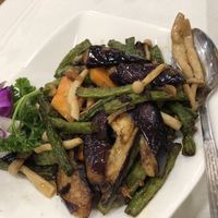 Sautéed eggplant, green beans, and mushrooms. at Three Virtues 三德食品 - North Point in Hong Kong Island