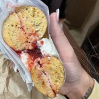 Rosemary chili bagel, plain tofu cream cheese and strawberry jam  at Boss Bagel in San Antonio