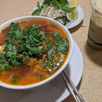 Tomato noodles soup and avo shake at The Sun Vegan in Fountain Valley