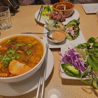 Bon Bo Hue, Clay Pot, and what's left of the Spring Rolls. #Veganuary at The Sun Vegan in Fountain Valley