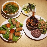 A full shot of everything that my friend and I ordered on our first visit, just $24 after tax! (pre-tip) at The Sun Vegan in Fountain Valley