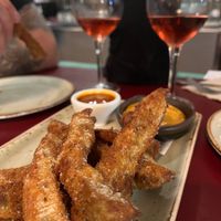 Breaded seitan sticks with chipotle sauce and homemade ketchup. at Biocenter - Pintor Fortuny in Barcelona