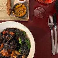 Breaded seitan sticks with chipotle sauce and homemade ketchup for starters, and heura bowl as main. Nice rosé wine on the side. at Biocenter - Pintor Fortuny in Barcelona