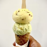 On top: spice pine nut and orange. On bottom: pandas gula Melaka. Come: whole wheat vegan waffle cone with a tasty chocolate stopper in the bottom. All together: delicious!!  at Kind Kones - Bangsar Village in Kuala Lumpur