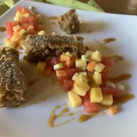 Semolina cake with fruit salad. Mmmm  at Koththamalli by Rohan in Negombo