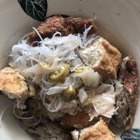 Tofu/ gluten/ mushroom sausage, tofu, cabbage, noodle, chilli combination  at Din Shan Vegetarian 鼎膳素 in Central Singapore