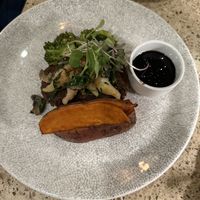 Lentil steak and shrimp   at Ike's Bistro in Oranjestad