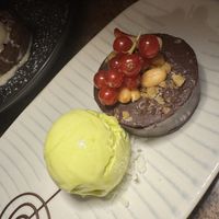 Mousse with mango sorbet  at Ike's Bistro in Oranjestad