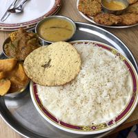 Thali (without curd) and Pakoda, both vegan at Punjabi Restaurant in Pokhara