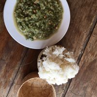 Vegetable laap with sticky rice   at Mama Lao in Nong Khiaw