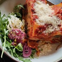 Lasagna vegetarian at Muntpunt Grand Cafe in Brussels