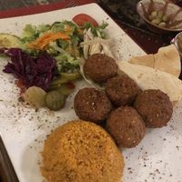 Falafel plate with salad and couscous (instead of yoghurt sauce you get an extra bowl with tahini sauce) at Cedar's in Loerrach