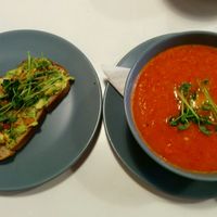 Roasted red pepper soup and avo toast at Sprout in Nelson