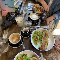 Latte with almond milk, avocado toast (x2), bubble tea, espresso, and Buddha bowl  at Saint Pearl in Paris