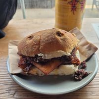 Vegan Morning roll. Square sausage, potato scone & black pudding at Meadow Road Coffee in Glasgow