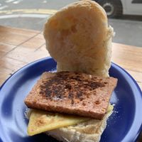 Perfect vegan Lorne sausage and potato scone on a Glasgow roll  at Meadow Road Coffee in Glasgow