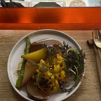 Cauliflower and selection of root vegetables, roasted and served on a soy based gravy   at Marclee in Paris
