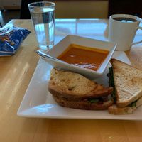 Vegan garden burger + vegan creamy tomato soup =   at 918 Coffee in Tulsa