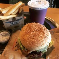 V8 Vegan, fries with vegan aioli, and a soy thickshake at BurgerFuel in Palmerston North