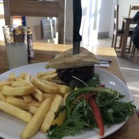 Burger in scone as cob not vegan at Driftwood Restaurant in Stranraer