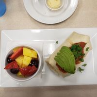vegan breakfast burrito and fruit cup at Noble Restaurant in Wyoming