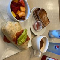 vegan burrito, fresh fruit that was actually REALLY good and fresh, organic wheat toast & vegan chai latte   at Noble Restaurant in Wyoming