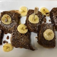 Banana bread French toast and is always clearly labeled with a stake  at Noble Restaurant in Wyoming