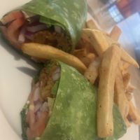 Vegan wrap with French fries   at Hugo's Restaurant - Studio City in Studio City
